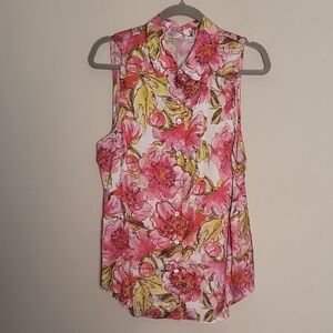 Snoskins Pink Floral Silky Button Up Top Sz M Artsy Bloomcore Spring